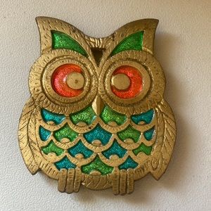 Vintage 1970s Metal Stained Glass Style Owl Trivet 5”